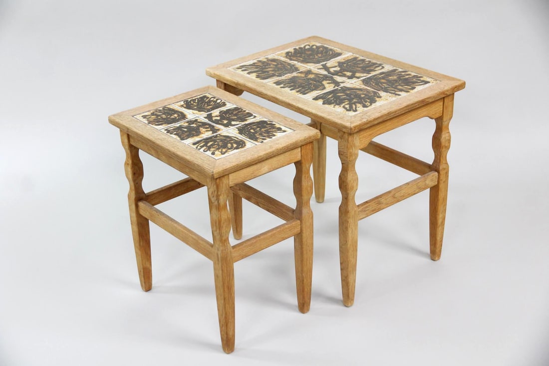 Pair of Brutalist Oak & Tile Top Nesting Tables, Henning Kjaernulf (1 of 10)