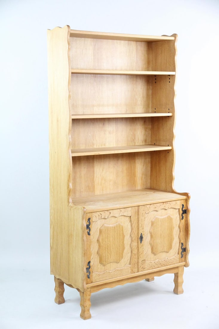 Rustic Brutalist Oak Bookcase with Cabinet, Wavy Edge (1 of 10)