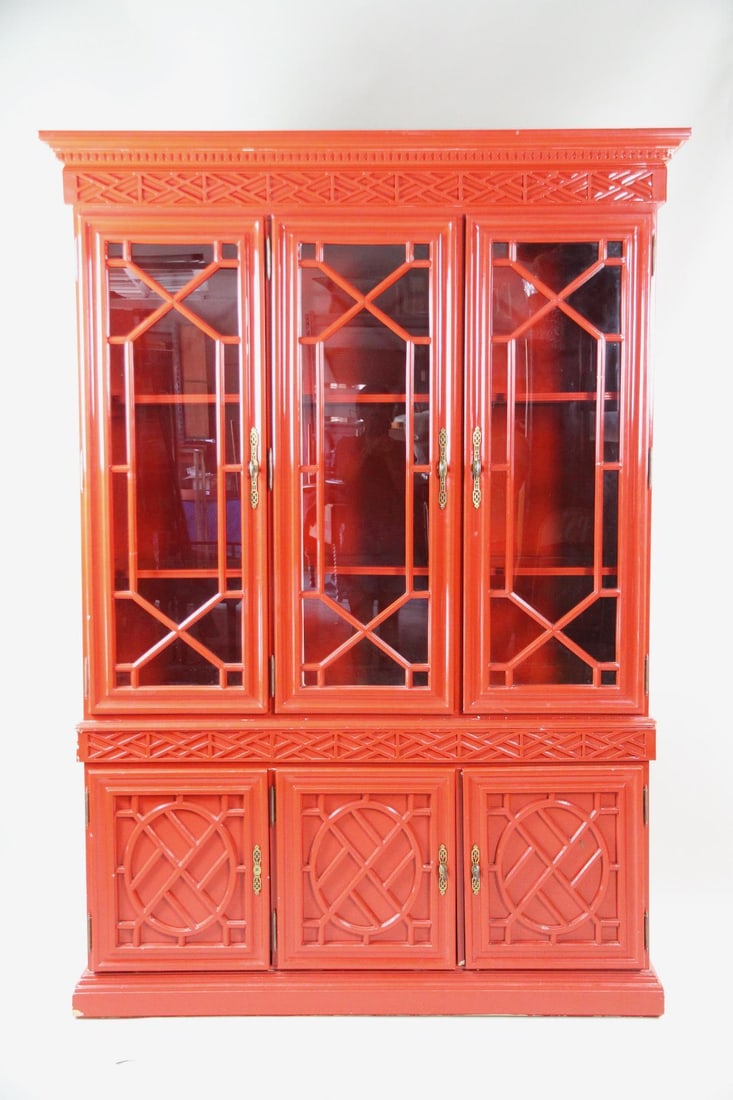 Chinese Chippendale Red Lacquer Breakfront Cabinet (1 of 14)