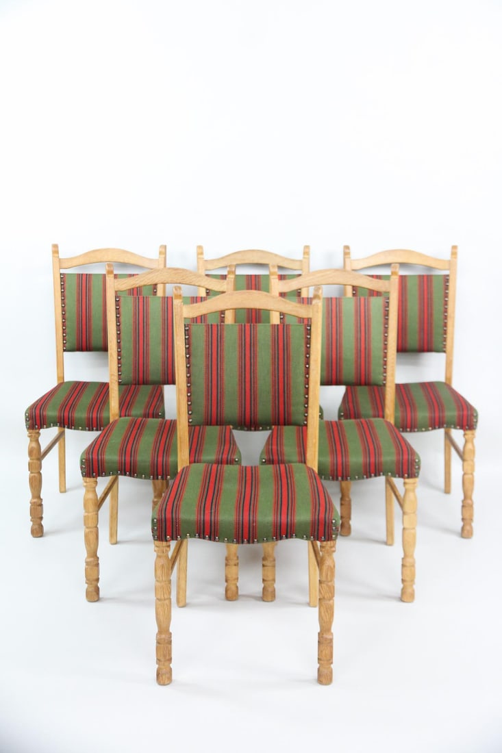 Set of 6 Green & Red Upholstered Dining Chairs, Henning Kjaernulf (1 of 14)