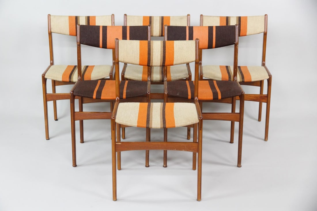 Set of 6 Teak Dining Chairs, Erik Buch: Set of 6 Danish Mid Century Modern Teak Dining Chairs, Erik Buch. Six teak chairs with upholstered seats and backs in 2 complementary color schemes, using brown, white and orange stripes. Style of Eri