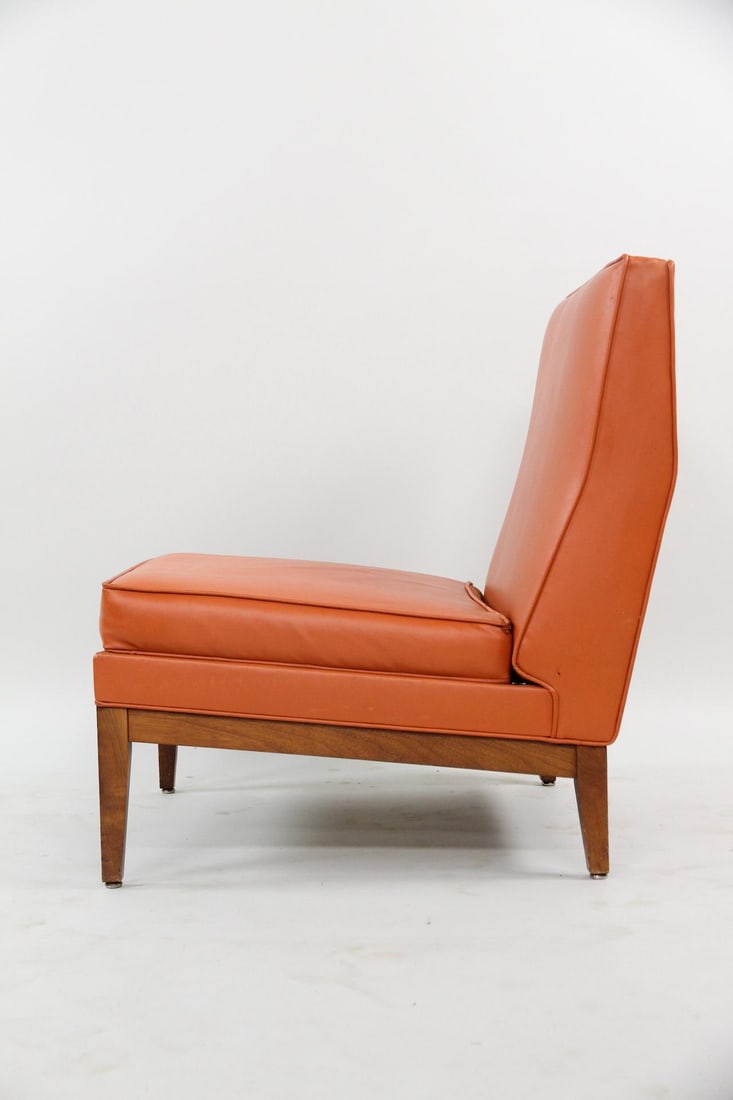 Thonet Mid-Century Modern Orange Slipper Chair: Thonet Mid-Century Modern Orange Slipper Chair. Slipper chair upholstered in a great mid-century shade of orange vinyl. Thonet tag attached. Dimensions are 31 in h x 29 in w x 28 in d. Seat height is 