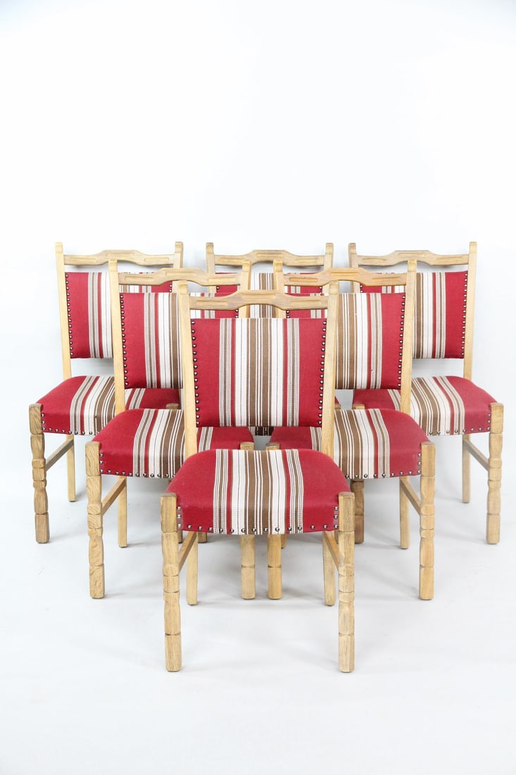 Set of 6 Red Striped Upholstered Dining Chairs, Henning Kjaernulf: Set of 10 Danish Modern Oak Dining Chairs, Henning Kjærnulf. Matching chairs with carved oak frames and red with tan and brown striped upholstery. Unmarked, we believe these are by Henning