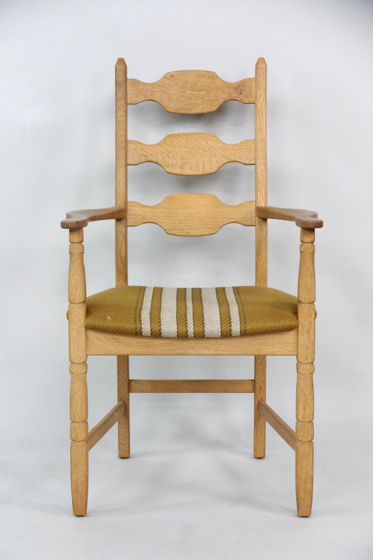 Green Striped "Razor" Back Oak Armchair, Henning Kjaernulf: Green Striped Upholstered Oak Chair, Henning Kjærnulf. Lovely chair in green and white striped wool upholstery with a light oak frame. We believe it is designed by Henning Kjærnulf. Dimensions are 3