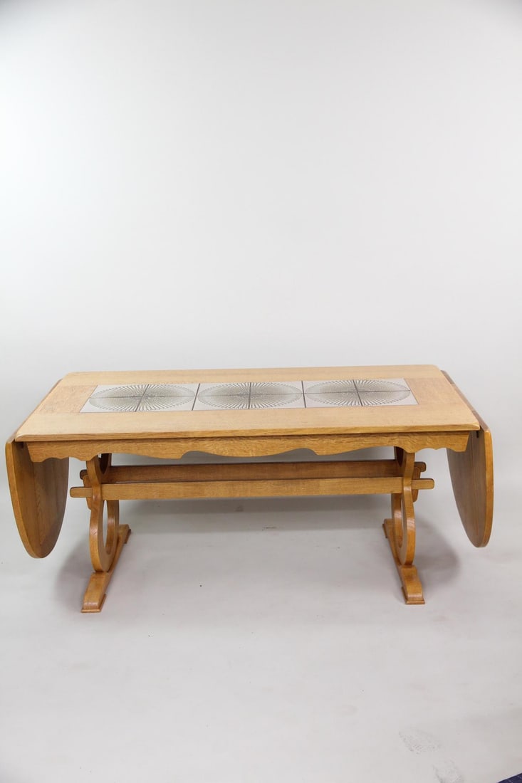 Oak Tile Top Dining Table "Figure 8", Drop Leaf: Danish Mid-century Modern Oak Tile Top Dining Table, Drop Leaf. Beautiful light oak table featuring a unique figure "8" trestle base and inlaid with three large ceramic tiles. Two half-circle leaves c