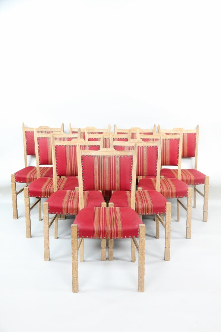 Set of 10 Red Striped Upholstered Dining Chairs, Henning Kjaernulf: Set of 10 Danish Modern Oak Dining Chairs, Henning Kjærnulf. Matching chairs with carved oak frames and red with green and orange striped upholstery. Unmarked, we believe these are by Henning Kjærnu