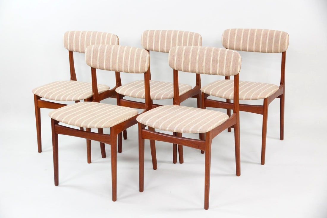 Set of 5 Danish Teak Dining Chairs, Brown Striped Upholstery (1 of 16)