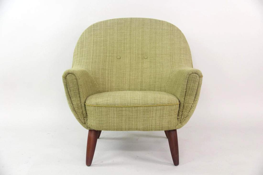 Mid-Century Modern Lounge Chair, Johannes Andersen: Mid-Century Modern Lounge Chair, Johannes Andersen, Green Tweed Fabric. A sculptural chair with curved, shell frame upholstered in olive green woven fabric. It rests on tapered wooden legs. Unmarked, 