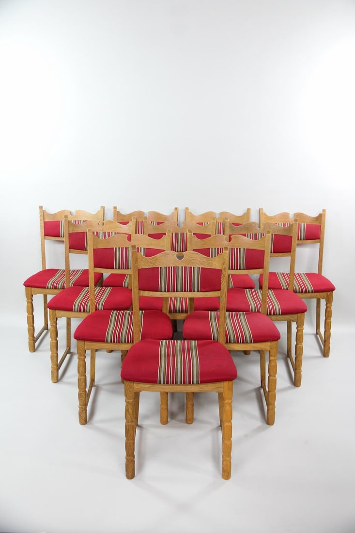 Set of 10 Danish Oak Dining Chairs, Red & Green, Henning Kjaernulf: Set of 10 Danish Oak Dining Chairs, Red & Green, Henning Kjærnulf. Set of chairs with carved oak frames, featuring low backs and red, green, & brown striped wool upholstery. Unmarked, we believe