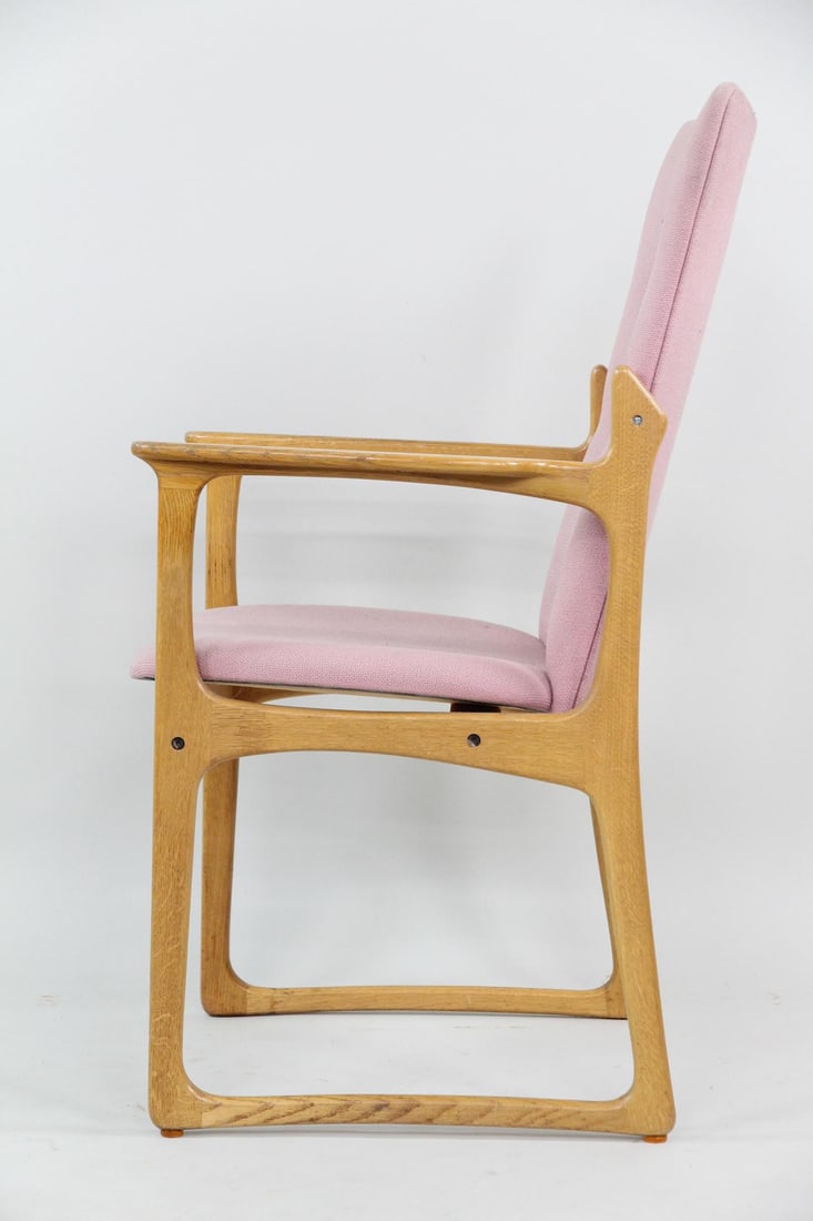 High Back Vamdrup Stolefabrik Armchair with Pink Upholstery: Danish Mid-Century Modern Vamdrup Stolefabrik Armchair with Pink Upholstery. Nice chair with solid teak frame and pink upholstered seat and backrest. Dimensions are 39 in h x 24 in w x 24 in d.