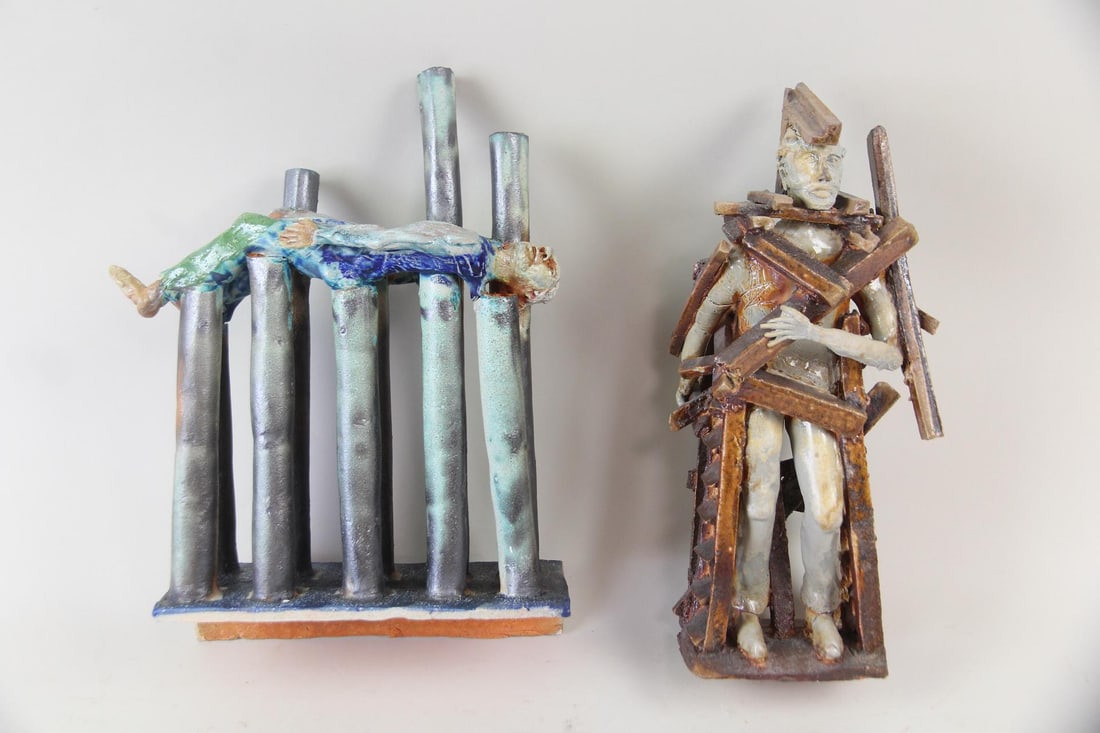 Pair of Arnie Zimmerman Figural Sculptures, "Scrap Man": Pair of Arnie Zimmerman Expressionist Figural Sculptures, "Scrap Man". Two polychrome figural stoneware sculptures titled "Figure #27" and "Scrap Man." "figure #27 signed and dated 2008 by the artist
