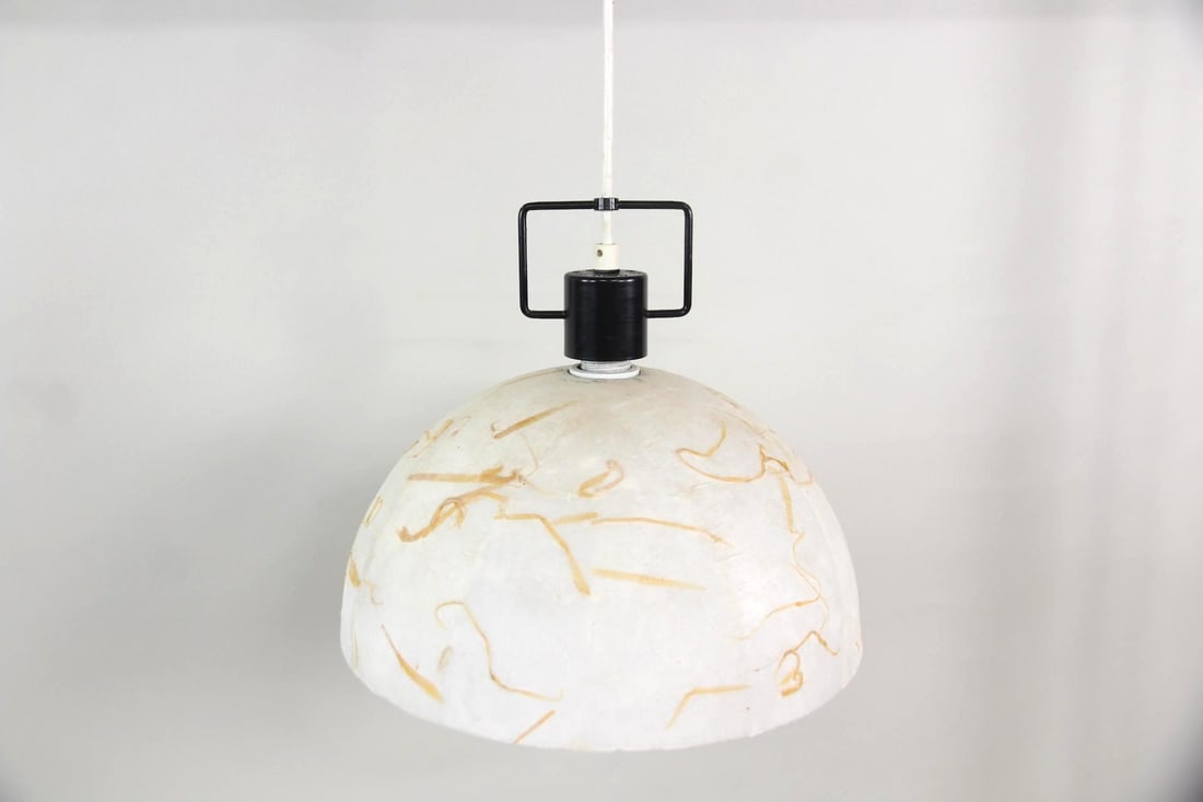 Fiberglass Dome Shaped Hanging Light: Mid-Century Modern Fiberglass Dome Shaped Hanging Light. Pendant lamp in a half-dome shape, made of white fiberglass with contrasting brown strands. Dimensions are 9 in h x 16 in w x 16 in d.