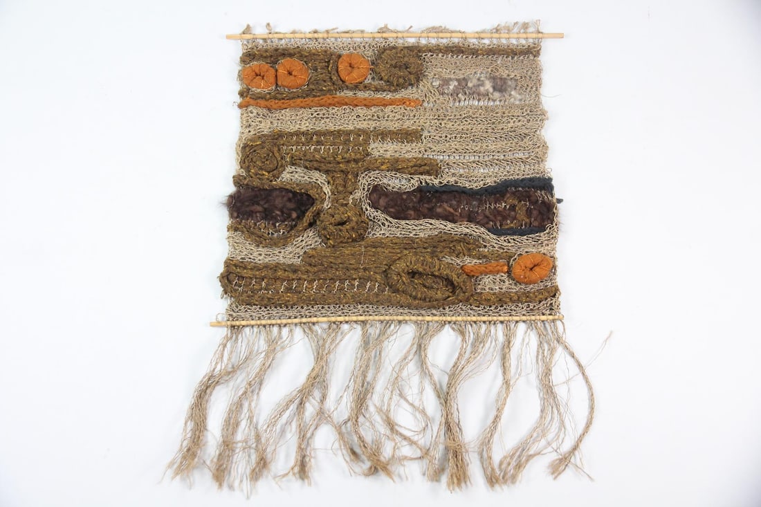 Scandinavian Abstract Woven Fiber Wall Hanging, Judith Ammentor: Abstract Woven Fiber Wall Hanging, Boho, Judith Ammentor. Wall hanging with organic, mixed-media elements including thick wool roving, varied yarn weights, and embedded felted orange circles,