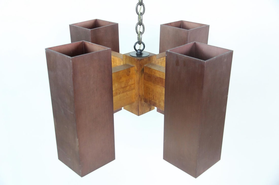 Brutalist Metal & Wood Box Form Chandelier (1 of 6)