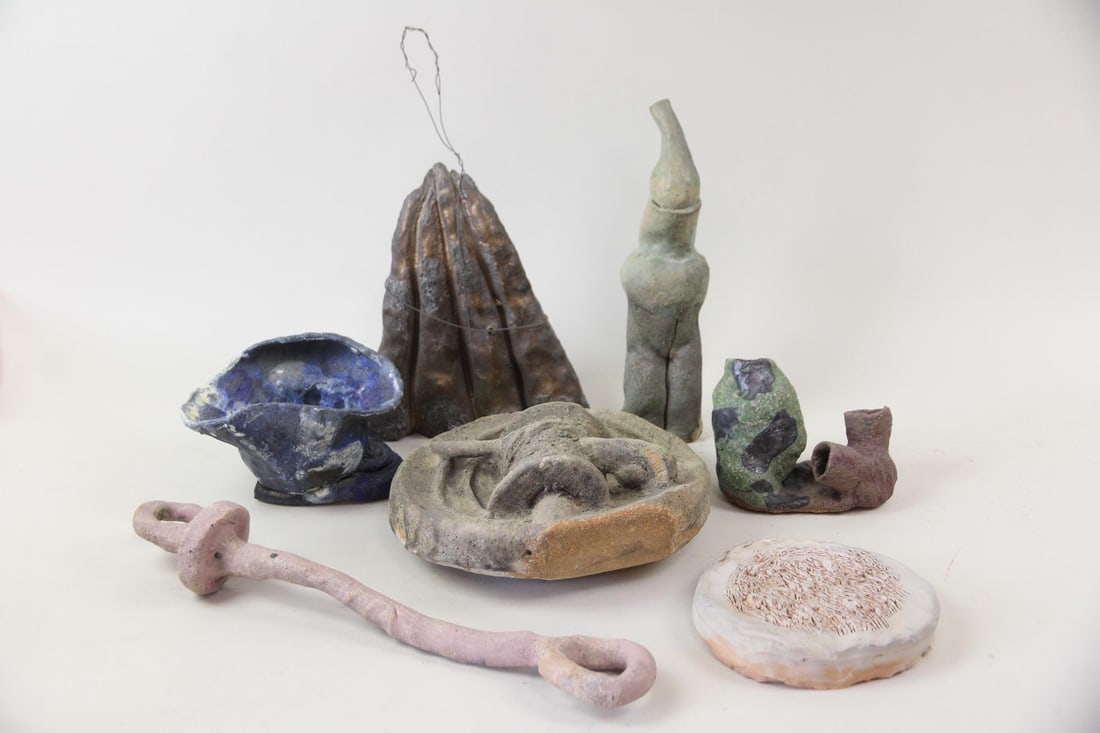 Group of 7 Arnie Zimmerman Surreal Pottery Sculptures: Group of 7 Arnie Zimmerman Surreal Pottery Sculptures. Seven pieces of stoneware sculpture by the artist Arnie Zimmerman (American, 1954-2021). Dimensions are 7 in h x 7 in w x 1.25 in d to 12 in h x 