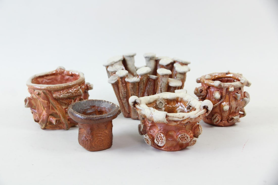 Group of 5 Arnie Zimmerman Organic Pottery Vessels: Group of 5 Arnie Zimmerman Organic Pottery Vessels. Five stoneware vessels, in reddish brown tones with organic shapes suggestive of mushrooms or fungi. By the artist Arnie Zimmerman (American, 1954-2