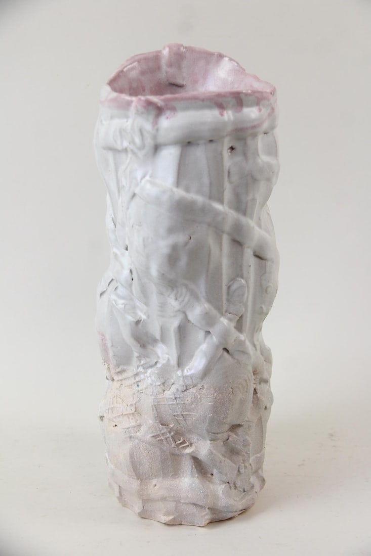 Arnie Zimmerman "Inner Pink" Stoneware Vase, 2017: Arnie Zimmerman "Inner Pink" Stoneware Sculptural Vase. A tall cylindrical white stoneware vase, glazed pink on the interior and with applied details on the exterior. Signed and dated 2017 by the arti