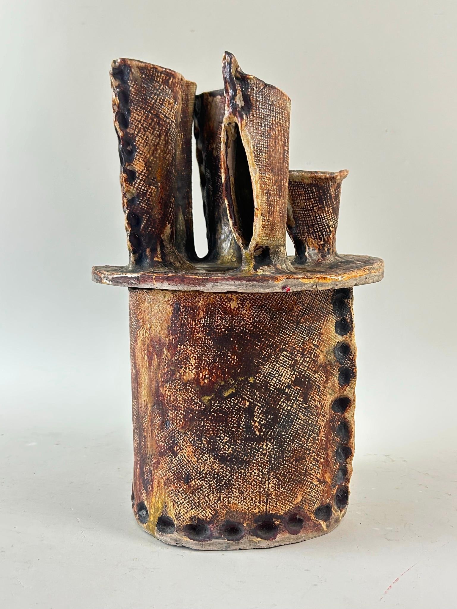 Arnie Zimmerman Pottery Sculptural Lidded Box: Arnie Zimmerman Pottery Sculptural Organic Lidded Box. Large stoneware sculptural box, in deep brown tones with the lid having organic tube shapes rising up. Signed by the artist Arnie Zimmerman (Amer