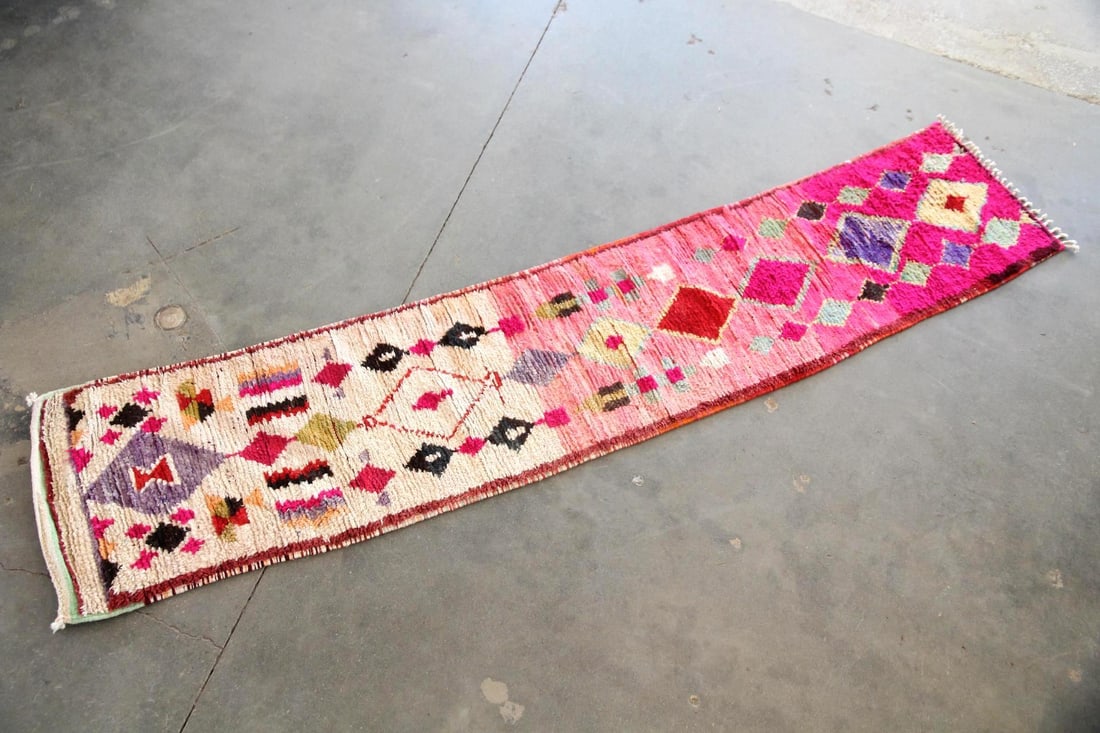 Colorful Geometric Moroccan Runner Rug, 11 Ft: Colorful Geometric Moroccan Runner Rug. A vibrant runner featuring cream & pink color blocks with intricate geometric diamond and tribal motifs. Made of hand knotted wool with a thick pile. Dimensions