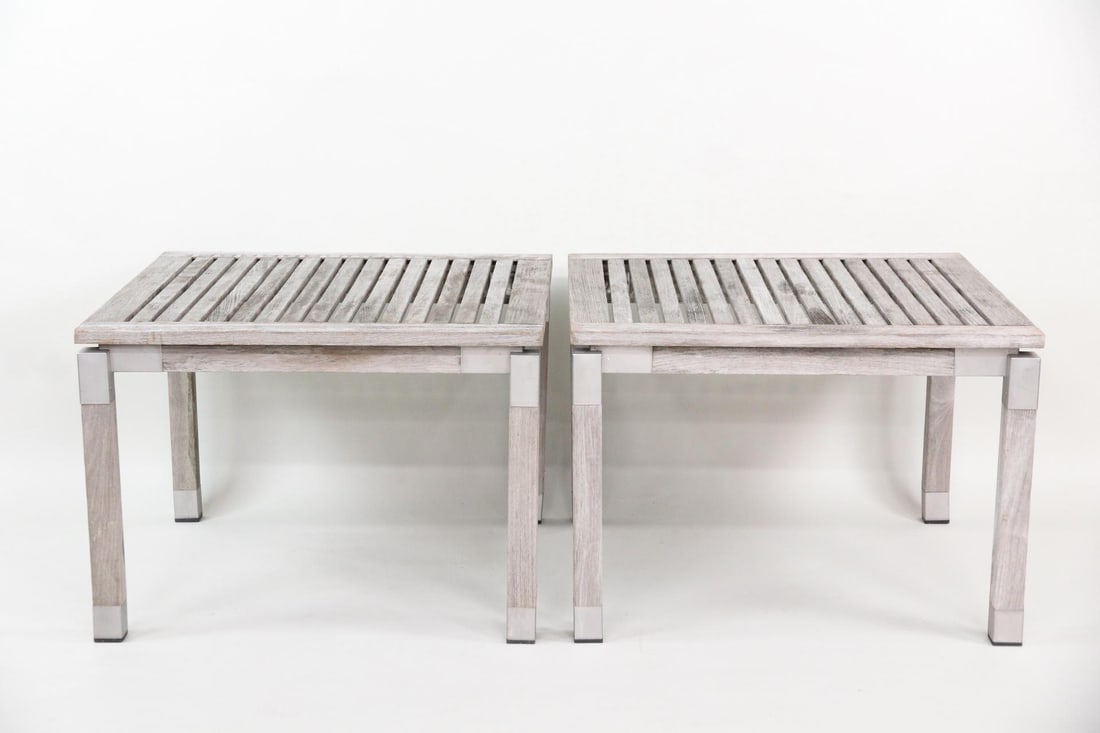 Pair of Lister Teak Outdoor Tables: Pair of Lister Teak Outdoor Garden Patio Side Tables. Matching pair of slatted top tables by Lister, with metal details and nice warm patina from outdoor use. Dimensions are 22 in h x 31.5 in w x 31.5