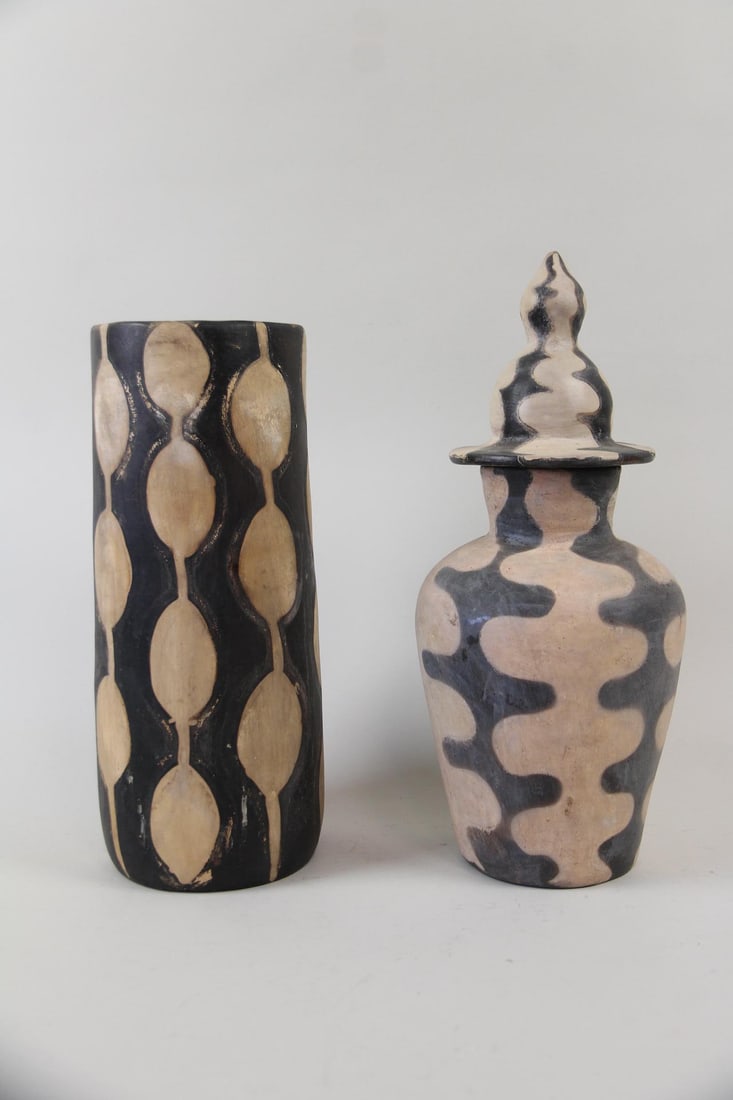 Two Black & Tan Biomorphic Pottery Vessels, Vase & Jar (1 of 9)