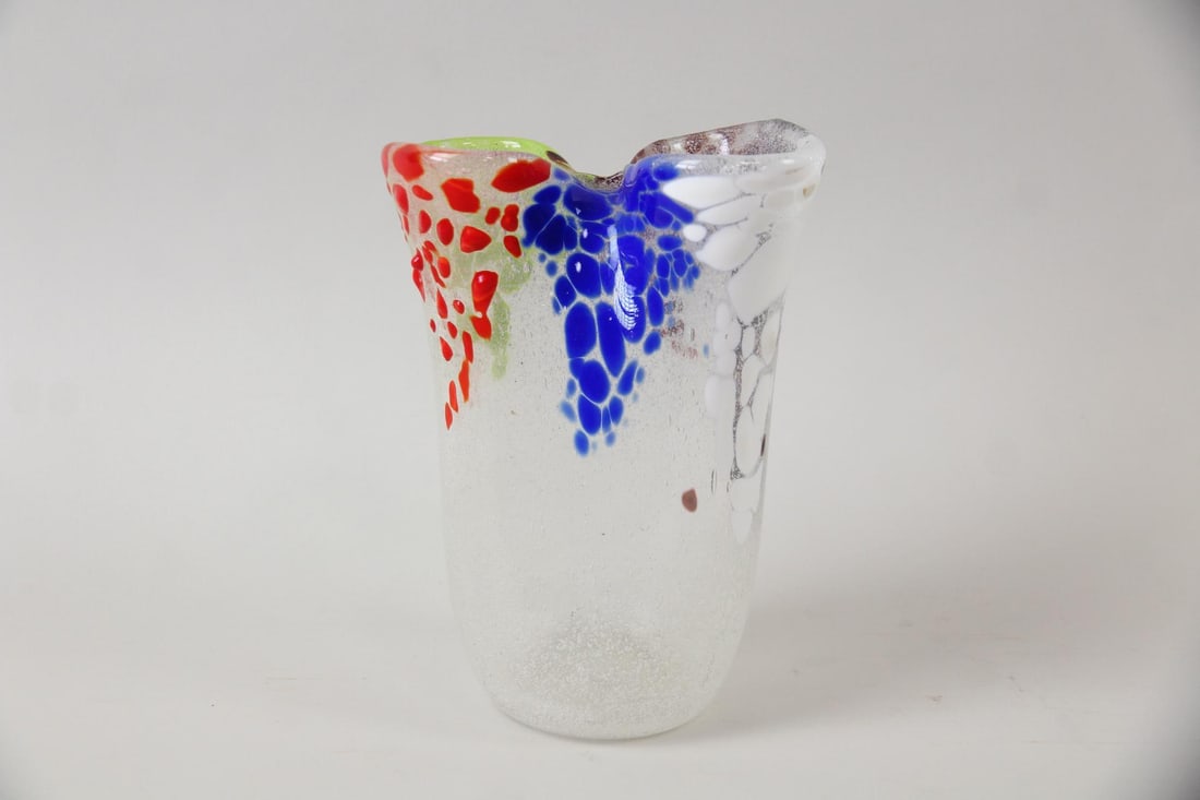 Murano Multicolor Confetti Vase: Murano Multicolor Confetti Vase. Murano art glass with double opening and vibrant blue, red, and white confetti spots. Dimensions are 8 in h x 5.5 in w x 3.5 in d. Condition is very good. Please call