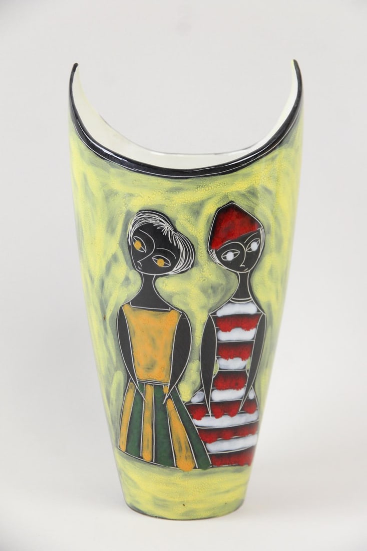 Italian Pottery Vase with Girls in Dresses Motif: Mid-Century Modern Italian Pottery Vase with Girls in Dresses Motif. Vase with unusual concave rim, decorated with 3 girls in striped and dotted dresses. Dimensions are 12.5 in h x 6.5 in w x 6.25 in