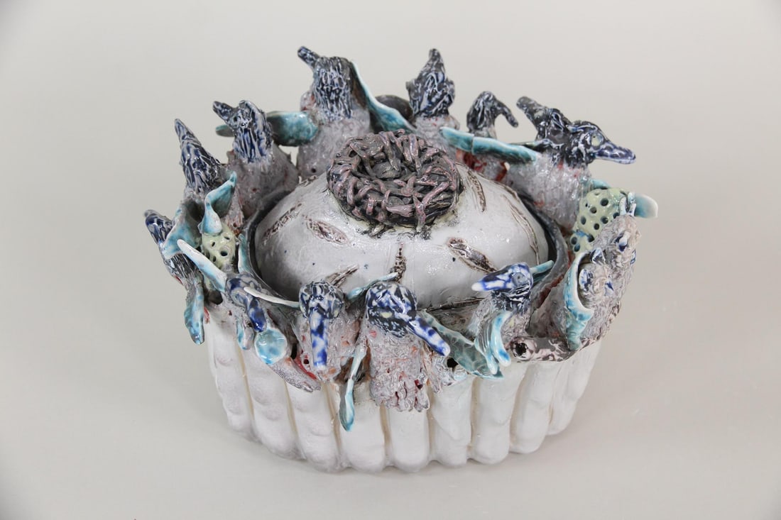 Arnie Zimmerman Pottery Sculpture, Birds Nest Box: Arnie Zimmerman Pottery Sculpture, Birds Nest. Glazed polychrome stoneware sculptural box with multiple birds perched around the edge and a birds nest on the lid. Unsigned, by the artist Arnie