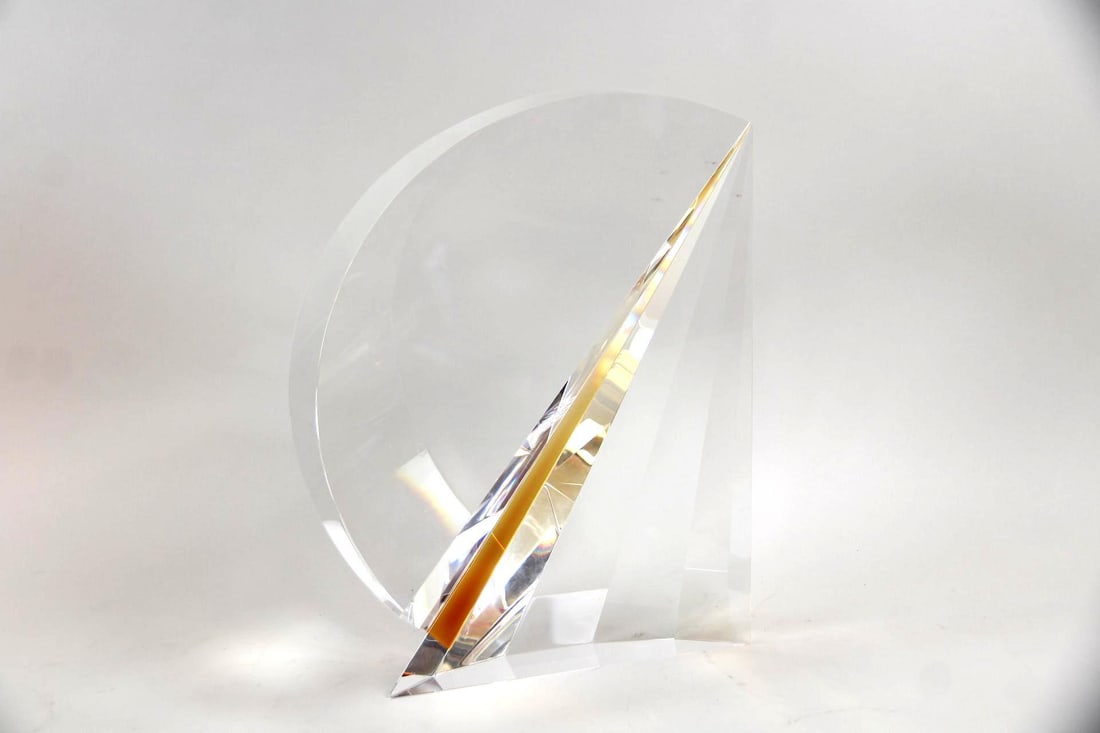 Martin Rosol Wing Glass Sculpture #1421: Martin Rosol Wing Glass Sculpture #1421. Contemporary sculpture of cut, laminated and polished clear and orange glass in the form of a wing. With acid etched signature by the artist Martin Rosol