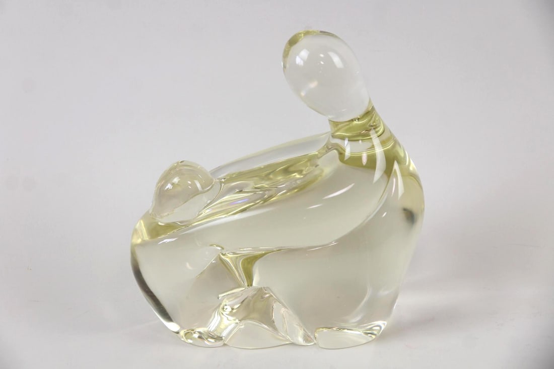 Renato Austin Murano Mother & Child Yellow Glass Sculpture: Renato Austin Murano Mother & Child Yellow Studio Glass Sculpture. Stylized sculpture in pale yellow glass of a mother and child, etched on underside R. Austin. Dimensions are 11.25 in h x 10 in w x