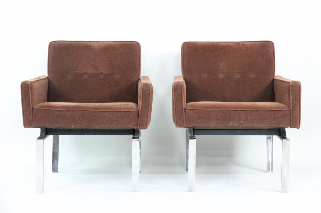 Mid-century Modern Chrome & Brown Mohair Velvet Armchairs: Mid-century Modern Chrome & Brown Velvet Armchairs. Matching armchairs with minimalist chrome frames and wooden sides, featuring floating seats upholstered in brown velvet with tufted buttons. Dimensi