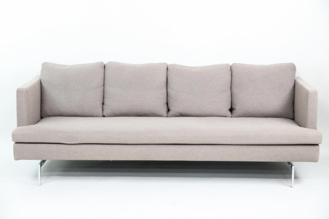 Didier Gomez for Ligne Roset Stricto Sensu Sofa: Minimalist Didier Gomez for Ligne Roset Stricto Sensu Sofa. Structured three-seater sofa upholstered in gray-beige wool fabric with polished metal L-shaped legs. With Ligne Roset tag to the side. Dime