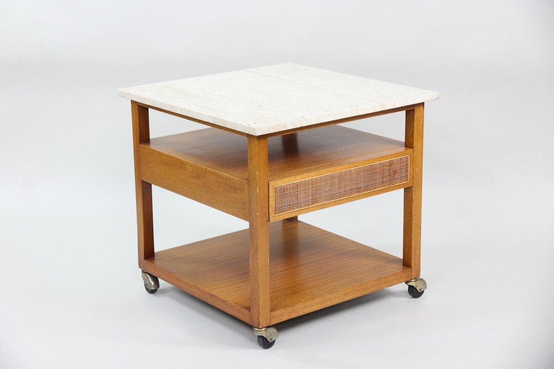 Harvey Probber Side Table on Wheels, Travertine & Wood (1 of 13)