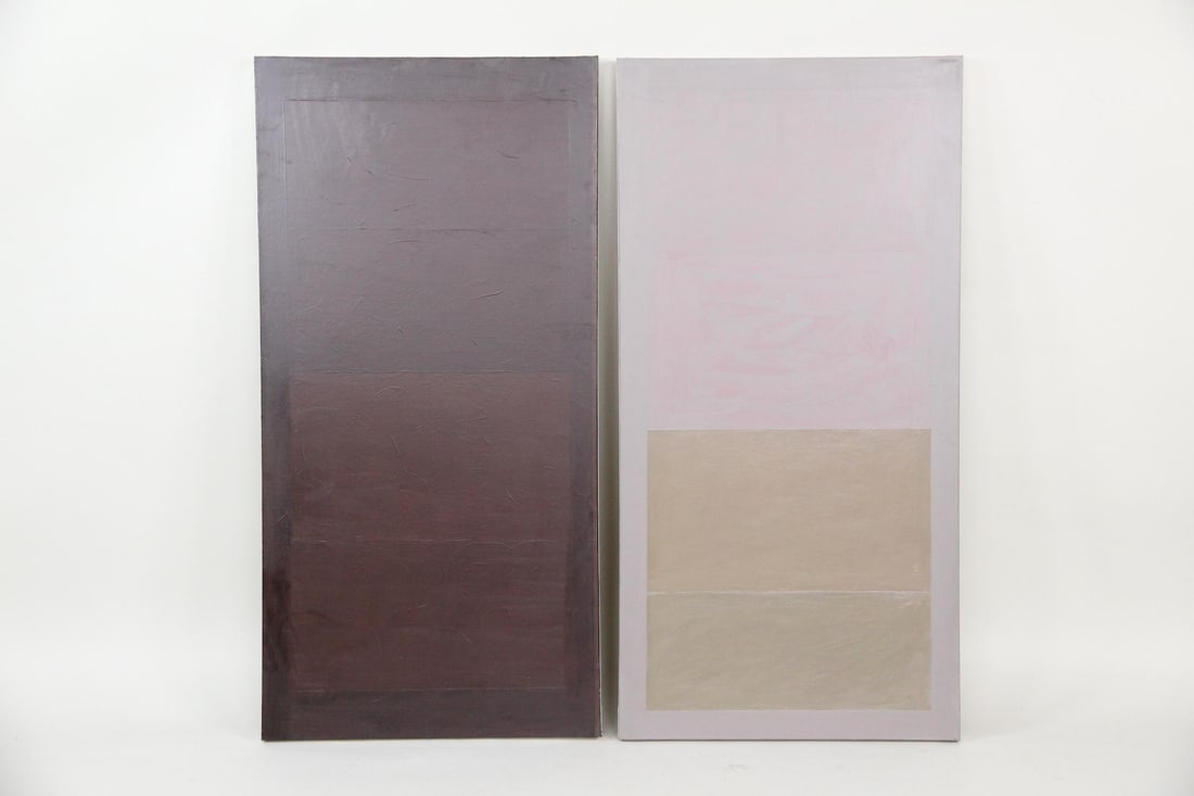 Pair of Clark Murray Monochromatic Gradient Paintings in Browns & Lavender: Pair of Clark Murray Monochromatic Gradient Paintings in Browns & Lavender. Two large minimalist paintings on stretched canvas, one in multi-tone brown horizontal stripes and the other in lavender