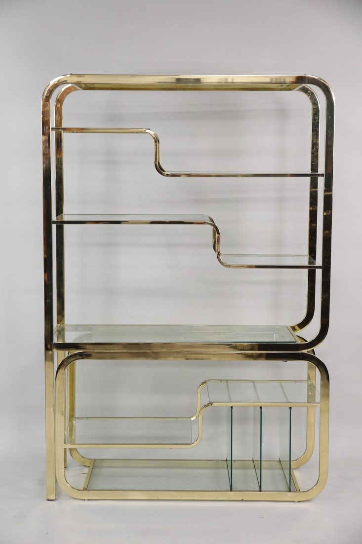 Brass & Glass Etagere, Manner of Milo Baughman: Mid-century Modern Brass & Glass Etagere Wall Unit, Milo Baughman. Great open design etagere unit with sliding glass shelves and LP storage. Unmarked. Dimensions are 72 in h x 48 to 60 in w x 18 in