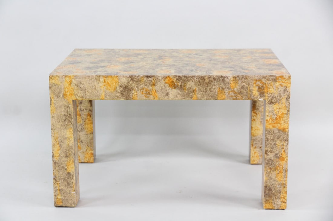 Faux Burl Parsons Side Table, Milo Baughman Style: Faux Burl Parsons Side Table, Milo Baughman Style. Low wooden side table with simple lines, with a orange and brown faux burl painted finish. Dimensions are 16 in h x 27 in w x 18 in d. Condition is