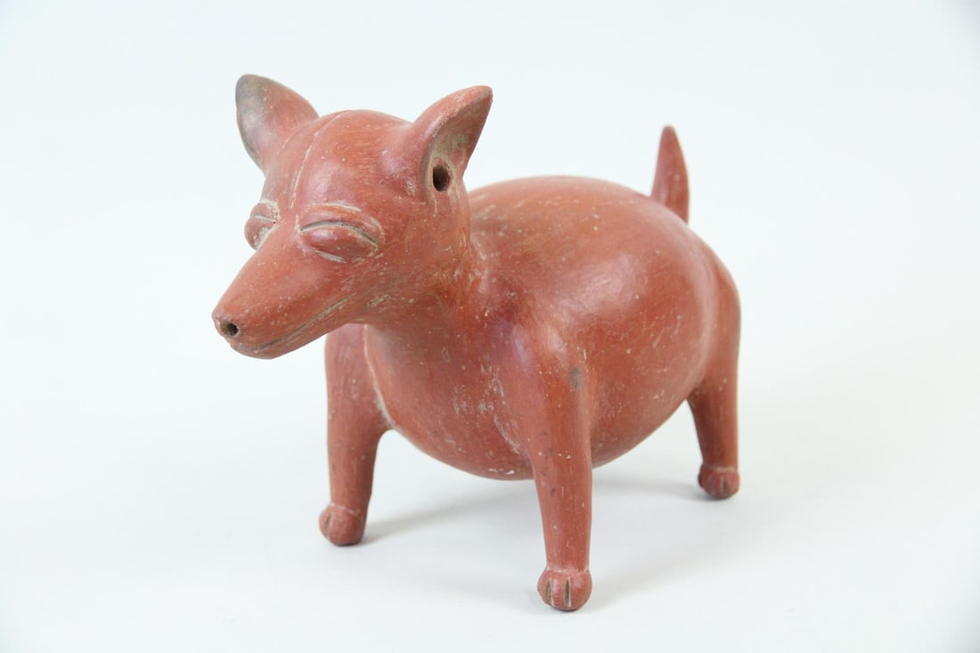 Colima Redware Dog Figure: Colima Redware Dog Figure. Burnished redware pottery in the form of the Mexican hairless dog breed xoloitzcuintli. Dimensions are 7 in h x 4.75 in w x 9.5 in d. Condition is good with scuff spots.