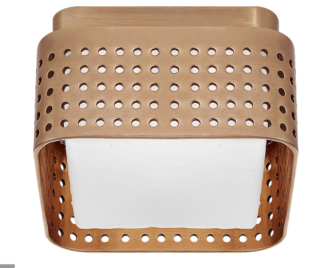Pair of Visual Comfort Solitaire Flush Mount Ceiling Lights, New in Box: Pair of Visual Comfort Kelly Wearstler Solitaire Flush Mount Ceiling Lights, New in Box. Matching pair of ceiling light fixtures with a perforated brass design and dedicated LED lighting. Designed by
