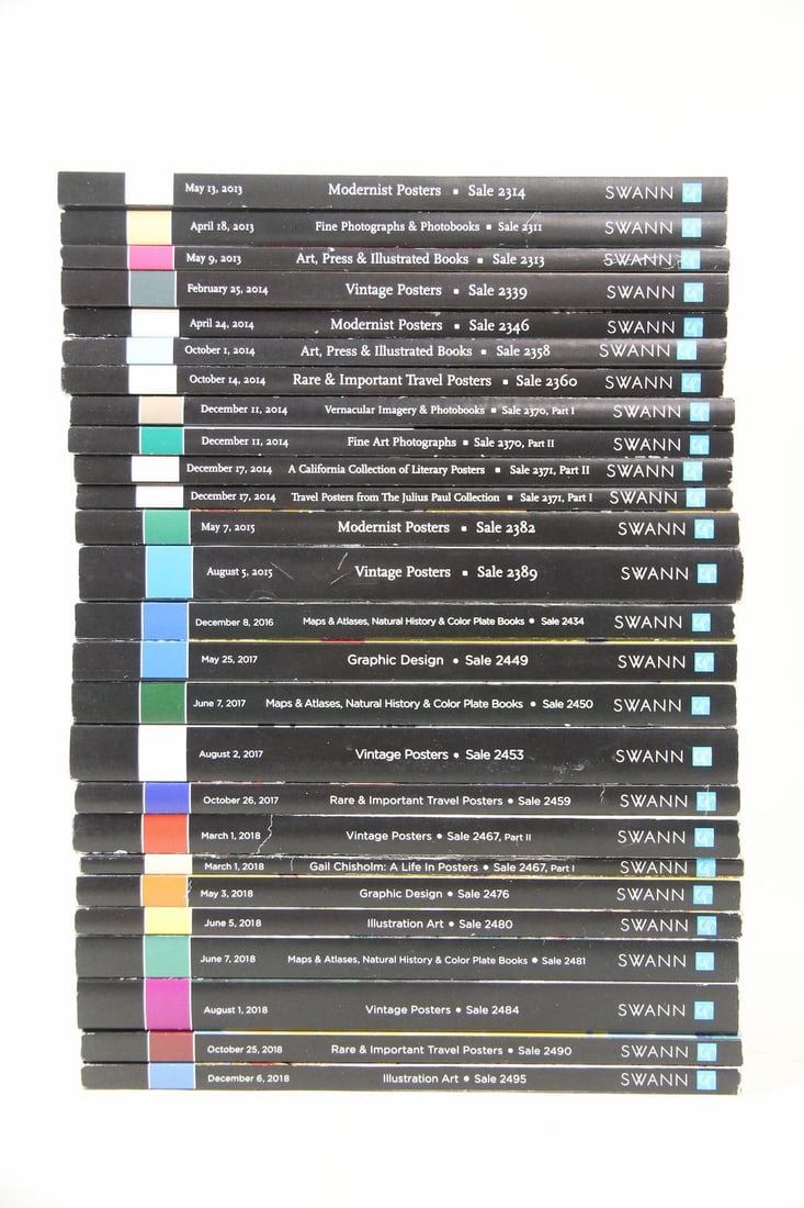 Collection of 26 Swann Auction Catalogs 2013-2018: Collection of 26 Swann Auction Catalogs 2013-2018. Twenty-six auction catalogs, with an emphasis on posters, photographs and graphic design, from the premier auction house for works on paper.
