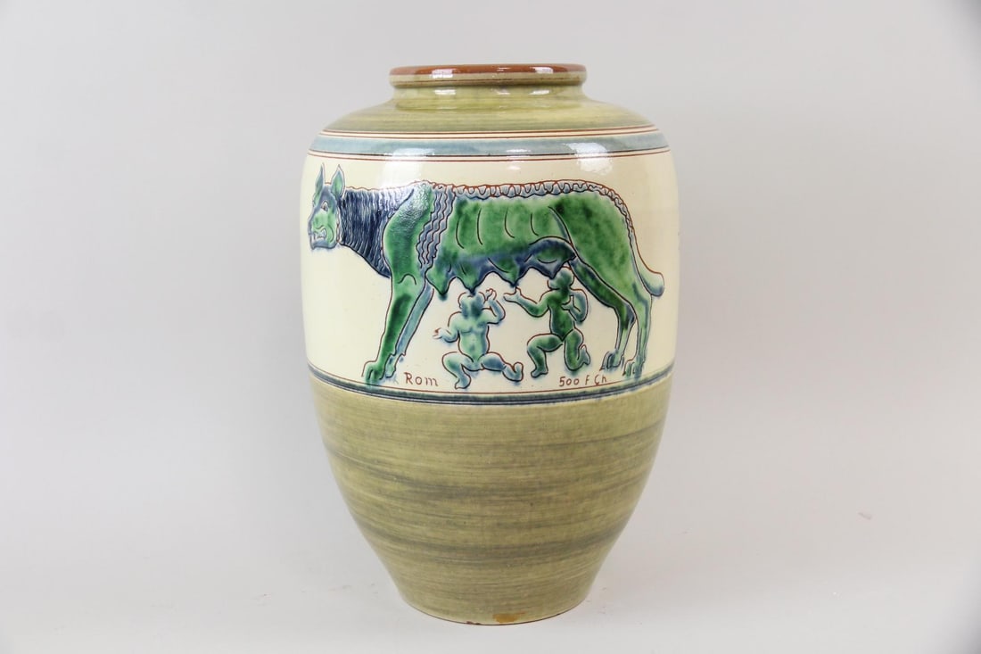 Harald Folmer Gross for Knabstrup Floor Vase, Romulus & Remus: Danish Mid-Century Modern Harald Folmer Gross for Knabstrup Floor Vase, Romulus & Remus Greek Mythology. Large ceramic urn-shaped vase painted with twins Romulus & Remus on one side and ancient Roman 