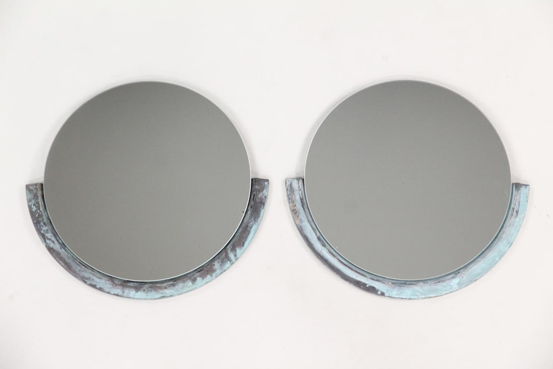 Pair of Mirrors with Copper Half Frames: Pair of Mirrors with Copper Half Frames. Matching pair of mirrors with unusual half-frames, which have a lovely patinated verdigris finish. Dimensions are 17 in h x 18.5 in w x 1.25 in d. Condition