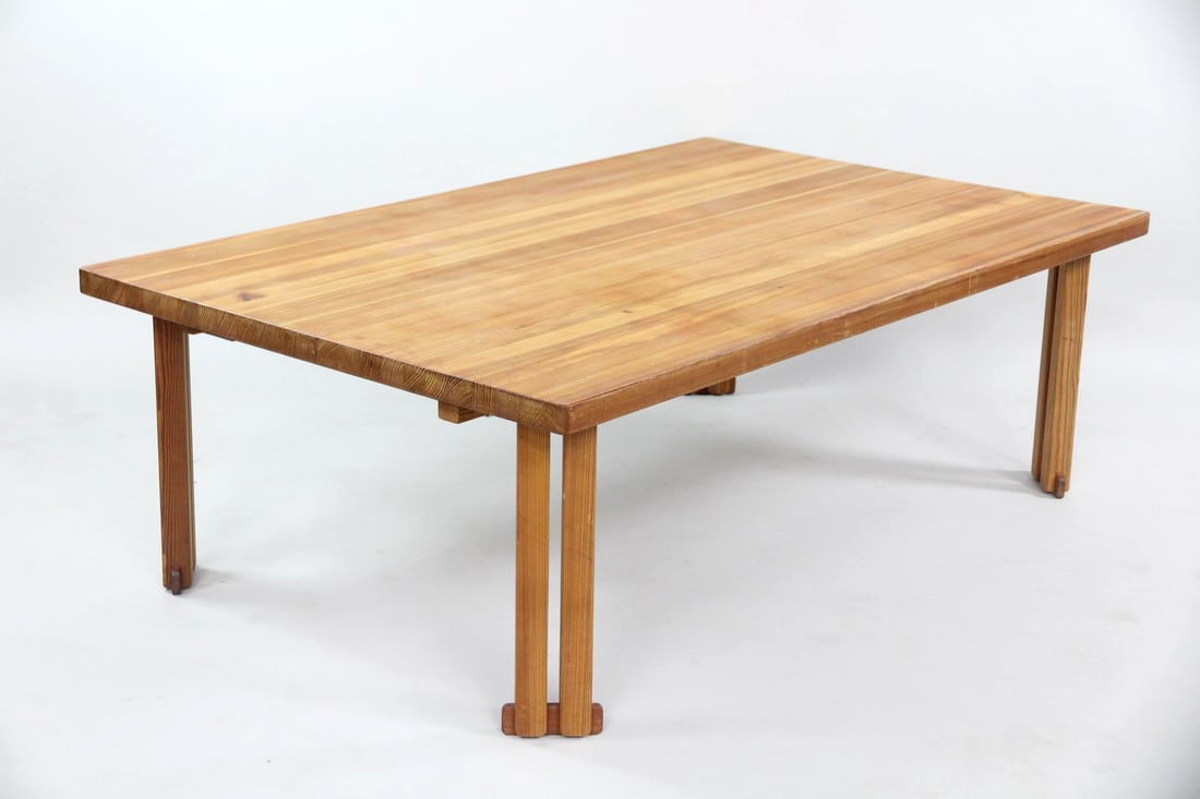 Vagn Fuglsang Pine Coffee Table, Collection Fuglsang: Danish Mid-century Modern Vagn Fuglsang Coffee Table. A low table with Danish modern and brutalist lines and distinctive double legs. Made of warm-toned pine. Stamped Collection Fuglsang, Denmark to