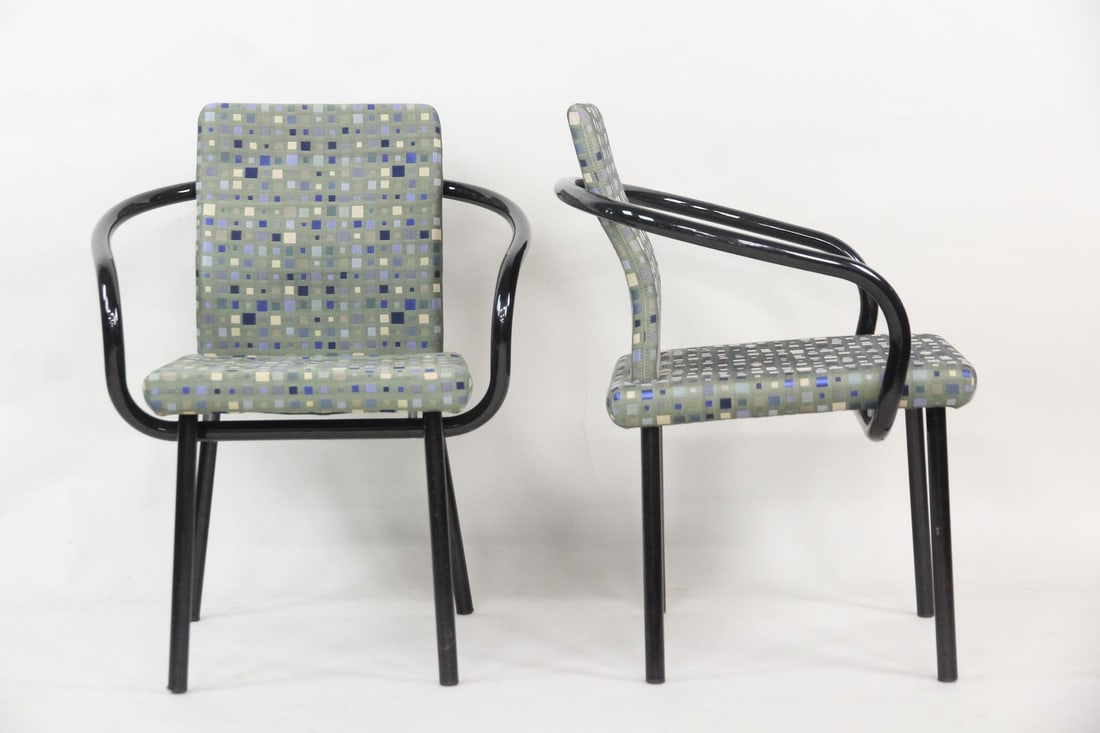 Pair of Postmodern Mandarin Chairs, Ettore Sottsass for Knoll: Pair of Memphis Mandarin Chairs, Ettore Sottsass for Knoll. These armchairs have curved tubular metal arms painted black, with funky geometric upholstery. No maker's marks, we believe these are by
