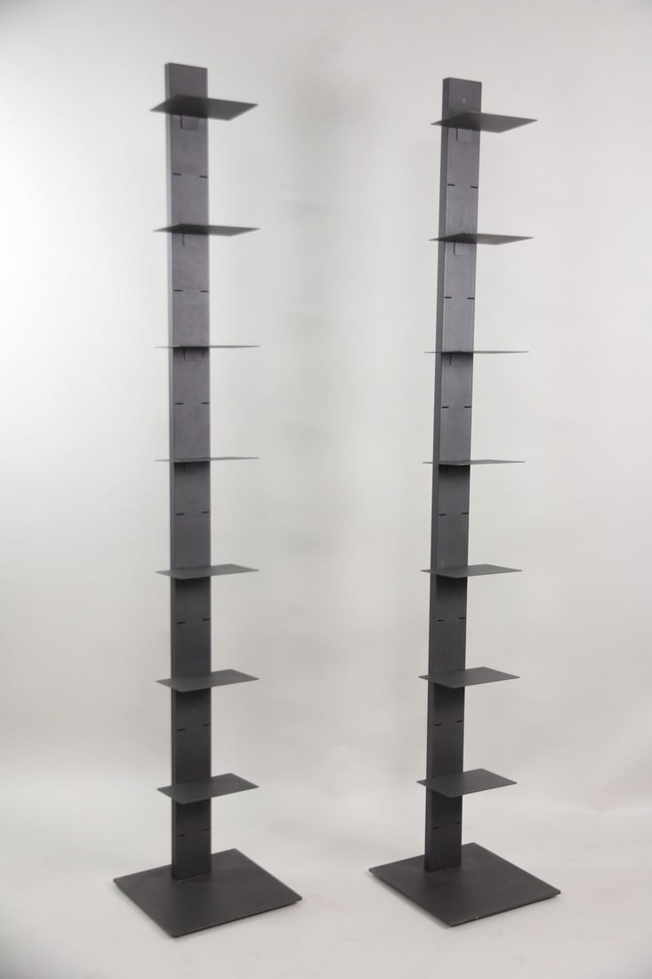 Pair of Bruno Rainaldi Style Metal Spine Bookcase: Pair of Bruno Rainaldi Style Metal Spine Bookcases. Minimalist freestanding vertical spine bookcases with thin shelves that visually disappear when filled. Dimensions are 80 in h x 14 in w x 14 in d.