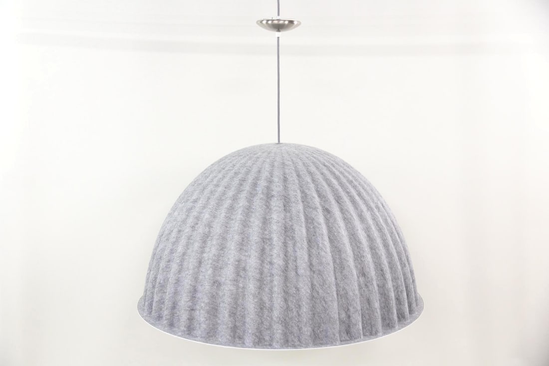 Muuto Under the Bell Pendant Lamp, Grey Felt: Iskos-Berlin Muuto Under the Bell Pendant Lamp, Gray Felt. A large dome-shaped pendant light made of felt material with a distinct ribbed pattern. Designed by Iskos-Berlin for Muuto. This lamp