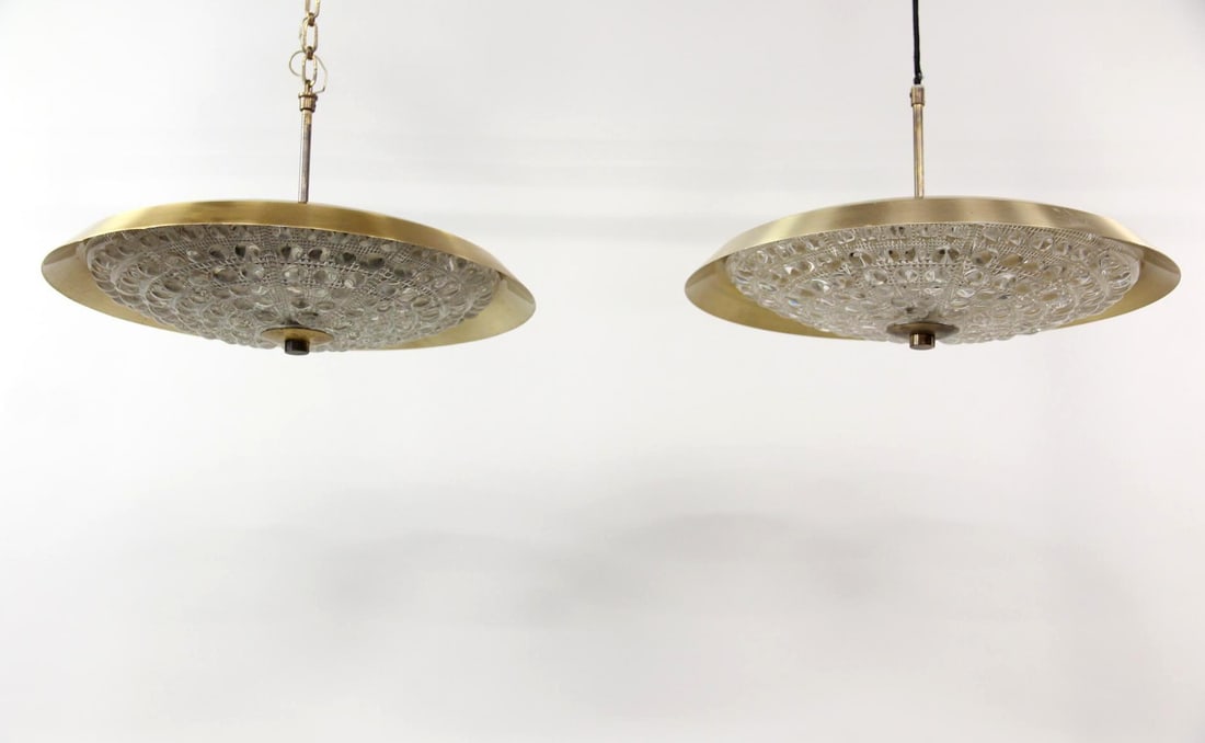 Pair of Carl Fagerlund Orrefors Brass & Glass Hanging Lights, 1 of 3 (1 of 10)