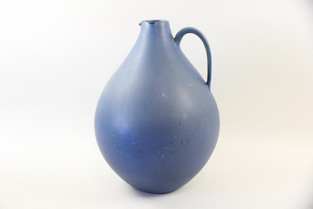 Knabstrup Pitcher in Cobalt Blue, Floor Vase: Danish Mid-Century Modern Minimalist Knabstrup Pitcher Vase in Cobalt Blue. Large ceramic pitcher or vase glazed in matte cobalt blue. Signed on underside. Dimensions are 19.5 in h x 15 in w x 15 in