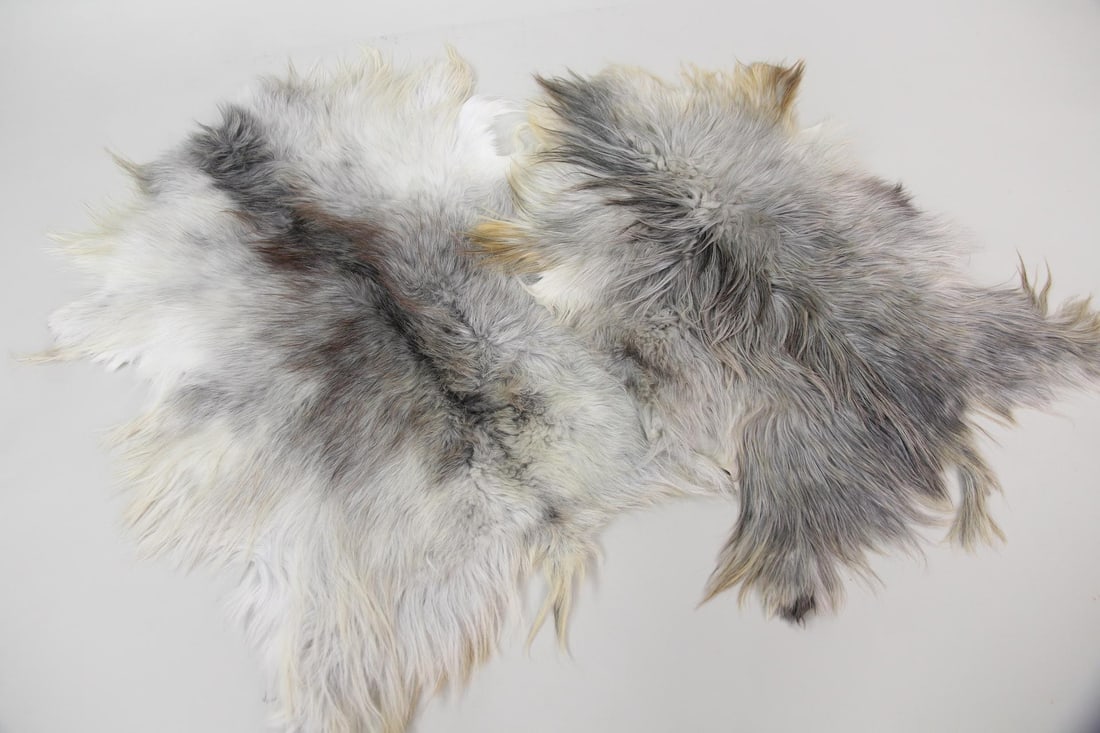 Pair of Natural Icelandic Sheepskins, Rugs: Pair of Icelandic Sheepskins, Hides. Pair of natural Icelandic sheepskin rugs featuring long, flowing hair and striking blends of gray, white, and tan tones. Dimensions are 51 in k x 38 in w and 56