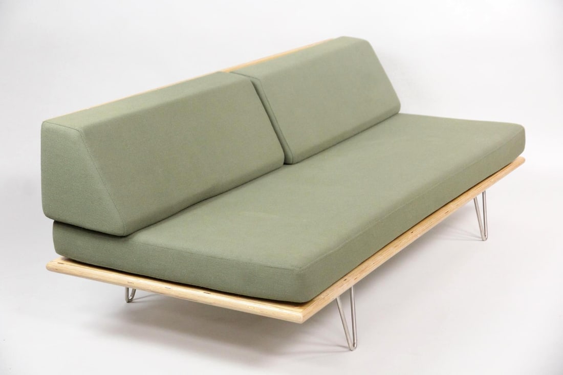 Modernica Case Study V-Leg Daybed, George Nelson: Contemporary Modernica Case Study V-Leg Daybed, George Nelson. Case Study V-Leg Daybed with sage green fabric manufactured by Modernica based on a George Nelson design. Labels attached. These daybeds
