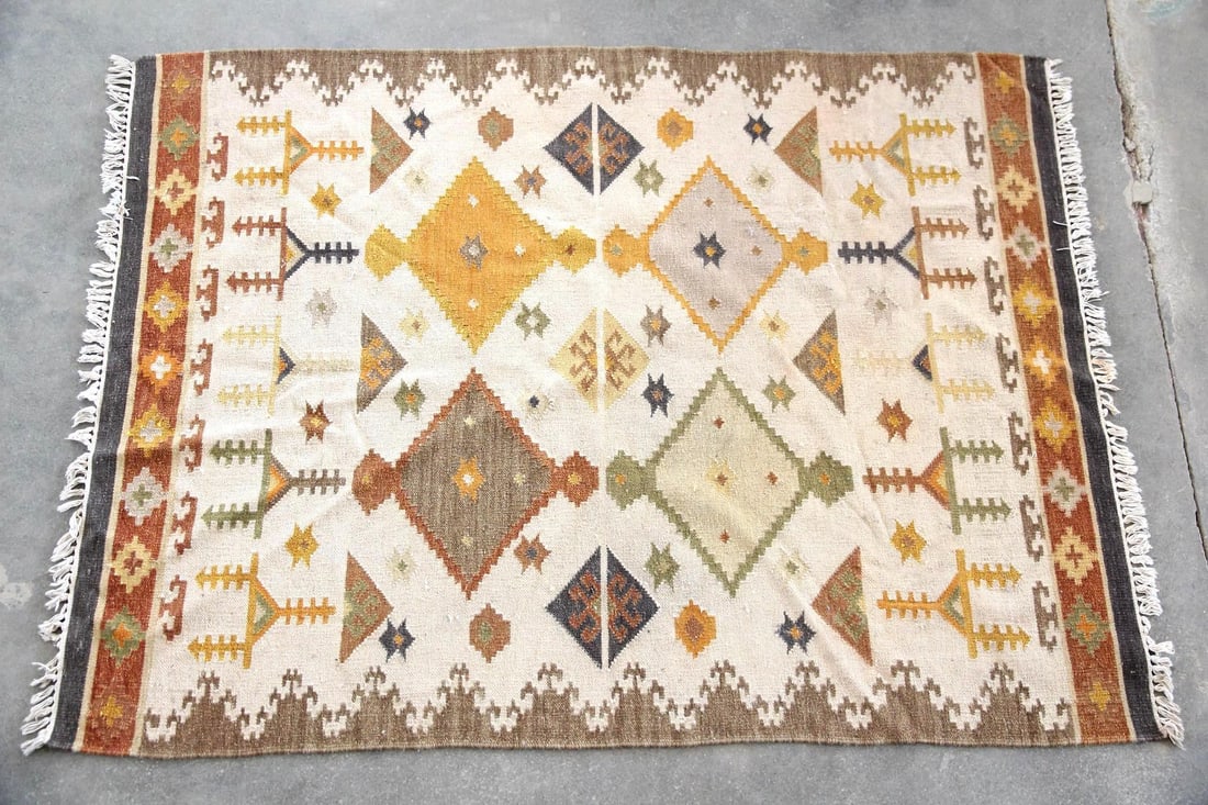 Geometric Dhurrie Kilim Wool Rug, Yellow & Green Diamonds: Contemporary Geometric Dhurrie Kilim Wool Rug. A flat-weave rug featuring a symmetrical tribal design with four large diamond medallions in mustard yellow, brown, and olive green. Made of wool with
